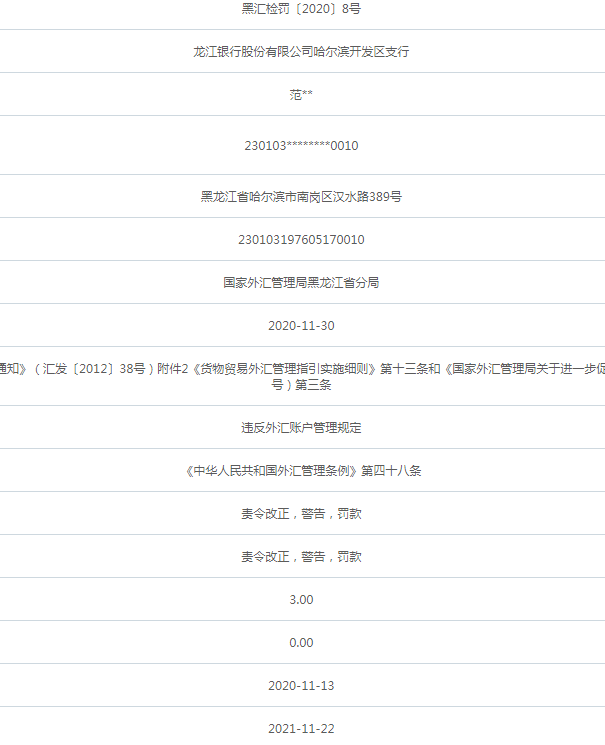 龙江银行哈尔滨一支行违法遭罚 违反外汇账户管理规定